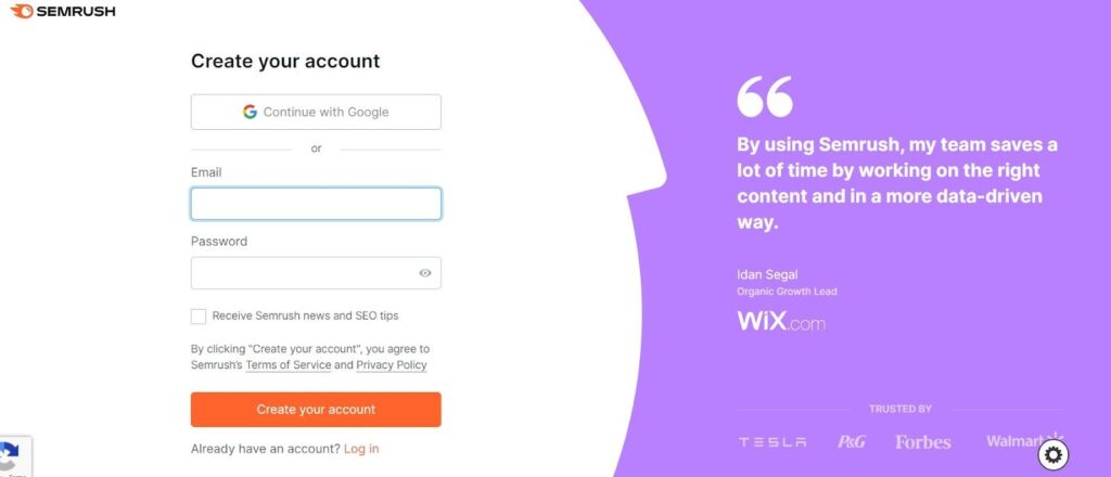 Semrush account creating page